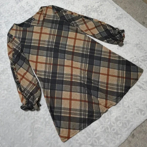 CHETTA B Bias Plaid 3/4 Sleeve Mini Knit Dress, Ruffle Details, Size M - Picture 9 of 15